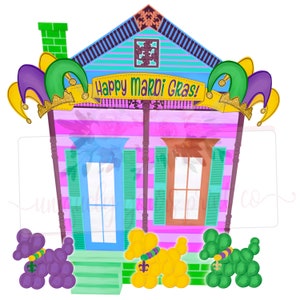 以下が含まれることがあります： 「ハッピー・マーディ・グラ！」と書かれた看板のある家のカラフルなイラスト。家は緑、青、ピンクのストライプ模様。家の前には、紫色のプードル、黄色のプードル、緑色のプードルの3匹の風船動物がいる。