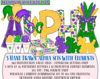 Mardi Gras Alpha with add-on Elements | 142 Individually saved Uppercase letters & images | png | hand drawn | sublimation | digital design