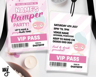 Personalised pamper party style VIP pass & lanyard invitations | Girls pink sleepover