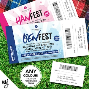 Personalised festival VIP ticket style party invitations | Perforated stubs