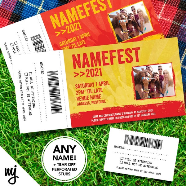 Personalised festival VIP ticket style party invitations | Red/yellow design | Perforated stubs