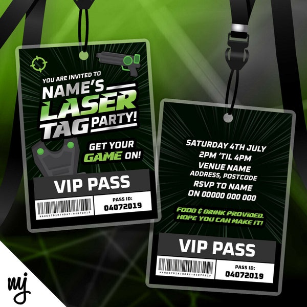 Personalised laser tag party style VIP pass & lanyard invitations | Battle pass