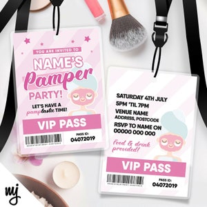 Personalised pamper party style VIP pass & lanyard invitations | Girls pink sleepover