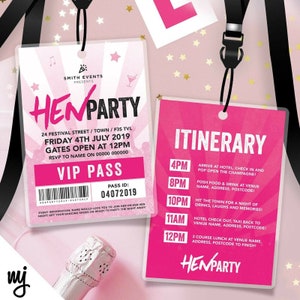 Personalised Hen night party festival style VIP pass & lanyard invitations