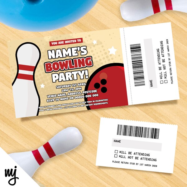 Personalised bowling party invitations sports | Perforated stubs