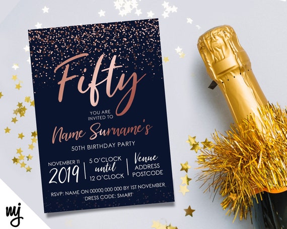 Personalised 50th birthday party invitations Navy rose gold glitter style modern design