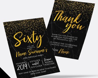 Personalised 60th birthday party Invitations Invites | Black marble gold glitter modern design