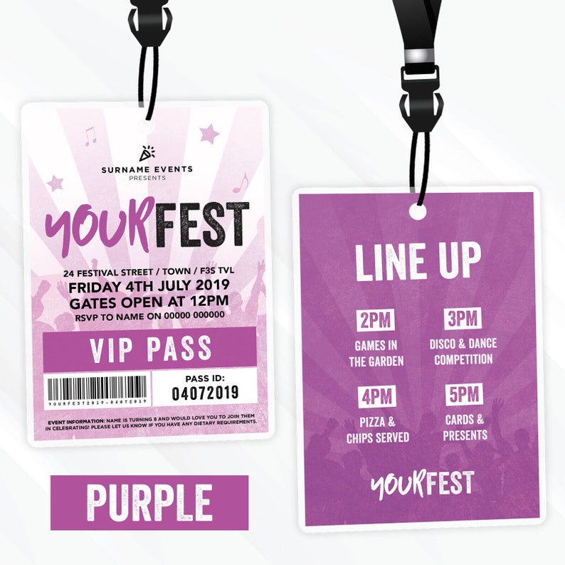 Personalised festival style VIP pass & lanyard invitations Any colour Music summer fest zdjęcie 7