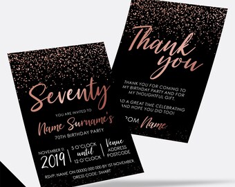 Personalised 70th birthday party Invitations Invites | Rose gold black glitter modern design