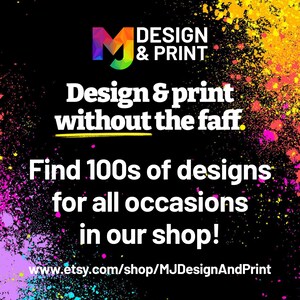 Peut inclure: Fond noir avec des &eacute;claboussures de peinture color&eacute;es et le texte "M DESIGN & PRINT". Le texte se lit comme suit : "Design & print without the faff. Trouvez des centaines de mod&egrave;les pour toutes les occasions dans notre boutique !"