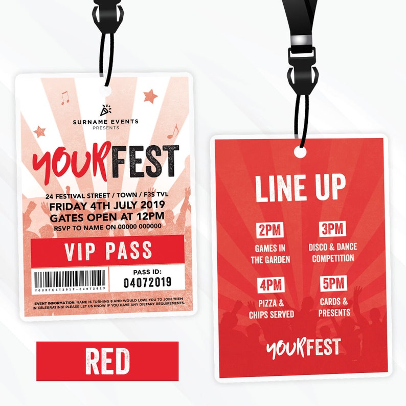 Personalised festival style VIP pass & lanyard invitations Any colour Music summer fest zdjęcie 9