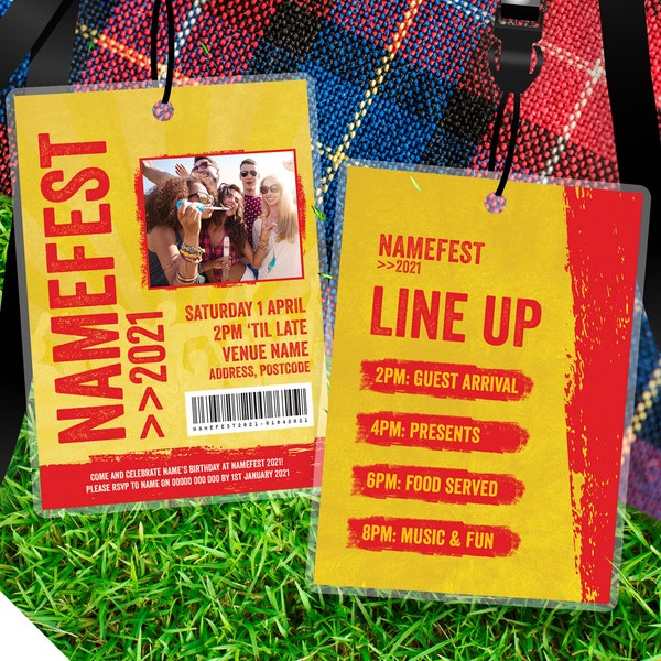 Personalised festival style VIP pass & lanyard invitations | Yellow design | Music summer fest