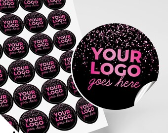 Custom round sticker label printing | add logo / text | pink black glitter style