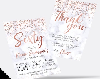 Personalised 60th birthday party Invitations Invites | Marble rose gold glitter modern design