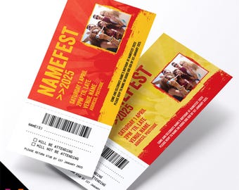 Personalised festival VIP ticket style party Invitations Invites | Red/yellow design | Perforated stubs