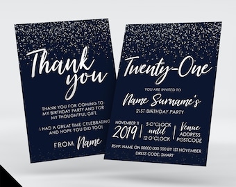 Personalised 40th birthday party Invitations Invites | Navy & white glitter style modern design
