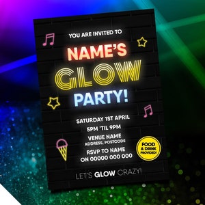 Personalised glow party neon lights style invitations