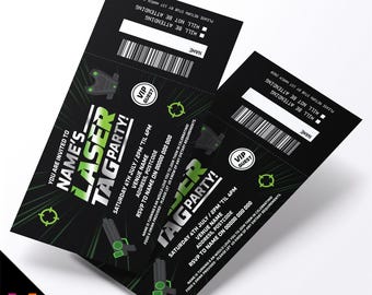 Personalised laser tag party ticket style birthday invitations invites | Perforated | Zap lasertag battle parties boys girls