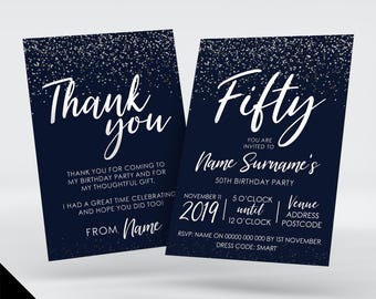 Personalised 50th birthday party Invitations Invites | Navy & white glitter style modern design