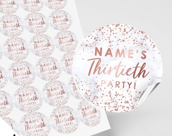 Personalised 30th birthday party round stickers | marble rose gold glitter style