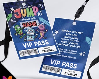 Personalised Trampoline Bounce VIP Pass Lanyard Invitations Invites – Kids Party