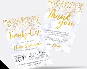 Personalised 21st birthday party Invitations Invites | Marble gold glitter modern design