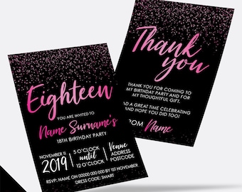Personalised 18th birthday party Invitations Invites | Black hot pink glitter style modern design