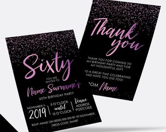 Personalised 60th birthday party Invitations Invites | Black purple pink glitter style modern design