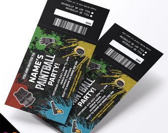 Personalised paintball party ticket style birthday invitations invites | Perforated | Paintballing fun outdoor adventure parties boys girls