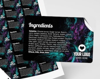 Custom rectangle ingredients sticker labels | black blue wax abstract design