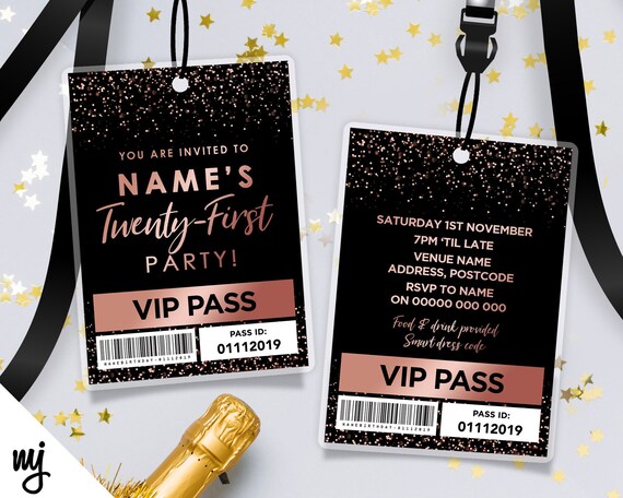 Personalised VIP Ticket Black &Gold Birthday Invitations Party