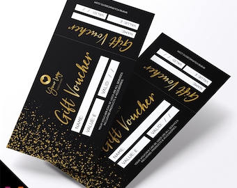 Custom printed gift vouchers | Perforated stubs | Black gold glitter style modern fancy professional
