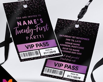 Personalised 21st birthday style VIP pass & lanyards | Purple black glitter design | ANY AGE!