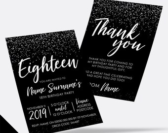 Personalised 18th birthday party Invitations Invites | Black white silver glitter modern design