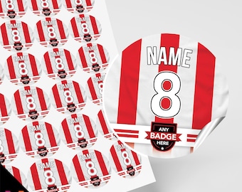 Personalised Football Shirt Party Stickers | For Goodie bags / Cups | Round Matt Stickers | Red White Striped | Any Team
