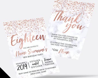 Personalised 18th birthday party Invitations Invites | Marble rose gold glitter modern design
