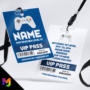 Personalised Gaming Controller VIP Pass Lanyard Invitations & Invites – Gamer Party Blue