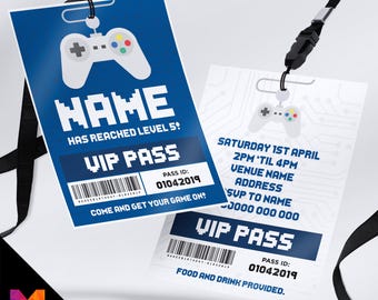 Personalised Gaming Controller VIP Pass Lanyard Invitations & Invites – Gamer Party Blue