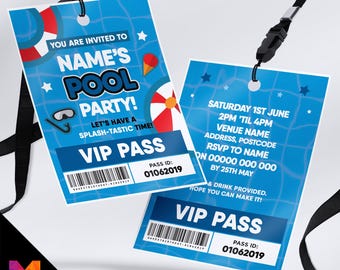 Personalised pool swimming party style VIP pass & lanyard Invitations Invites