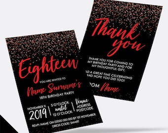 Personalised 18th birthday party Invitations Invites | Black red glitter modern design