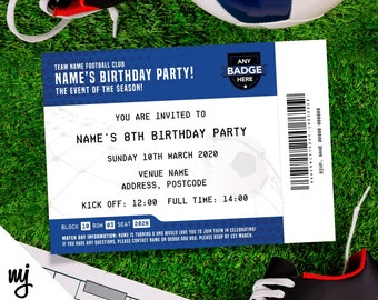 Personalised blue football ticket style party invitations + thank you cards | Any colours!