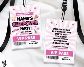 Personalised pink sleepover slumber party style VIP pass & lanyard invitations