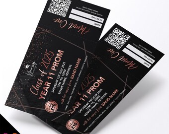 Custom printed school prom tickets | Perforated stubs | Black marble rose gold school student prom leaving party Class of 2025
