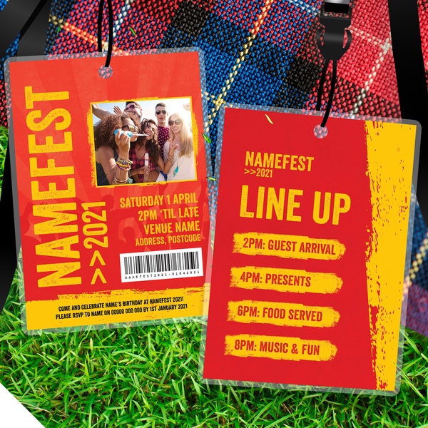 Personalised festival style VIP pass & lanyard invitations | Red design | Music summer fest