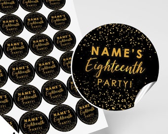 Personalised 18th birthday party round stickers | black gold glitter style