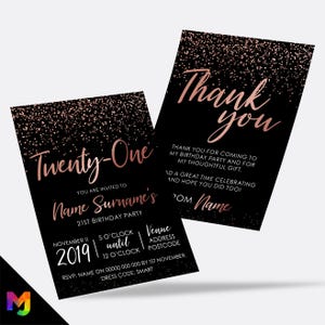 Personalised 21st birthday party Invitations Invites | Rose gold black glitter modern design image 1