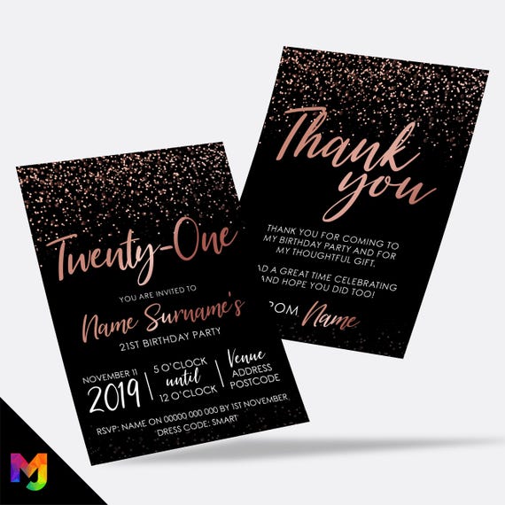 Personalised 21st birthday party Invitations Invites | Rose gold black glitter modern design