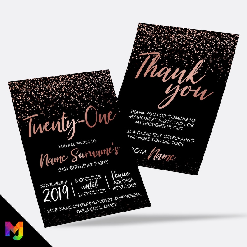 Personalised 21st birthday party Invitations Invites | Rose gold black glitter modern design image 1