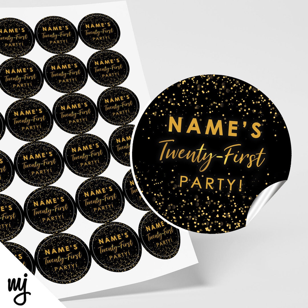 Personalised 21st Birthday Party Round Stickers | Black Gold Glitter ...