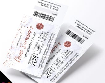 Personalised 60th birthday party marble rose gold glitter ticket style Invitations Invites | Perforated | Any age!